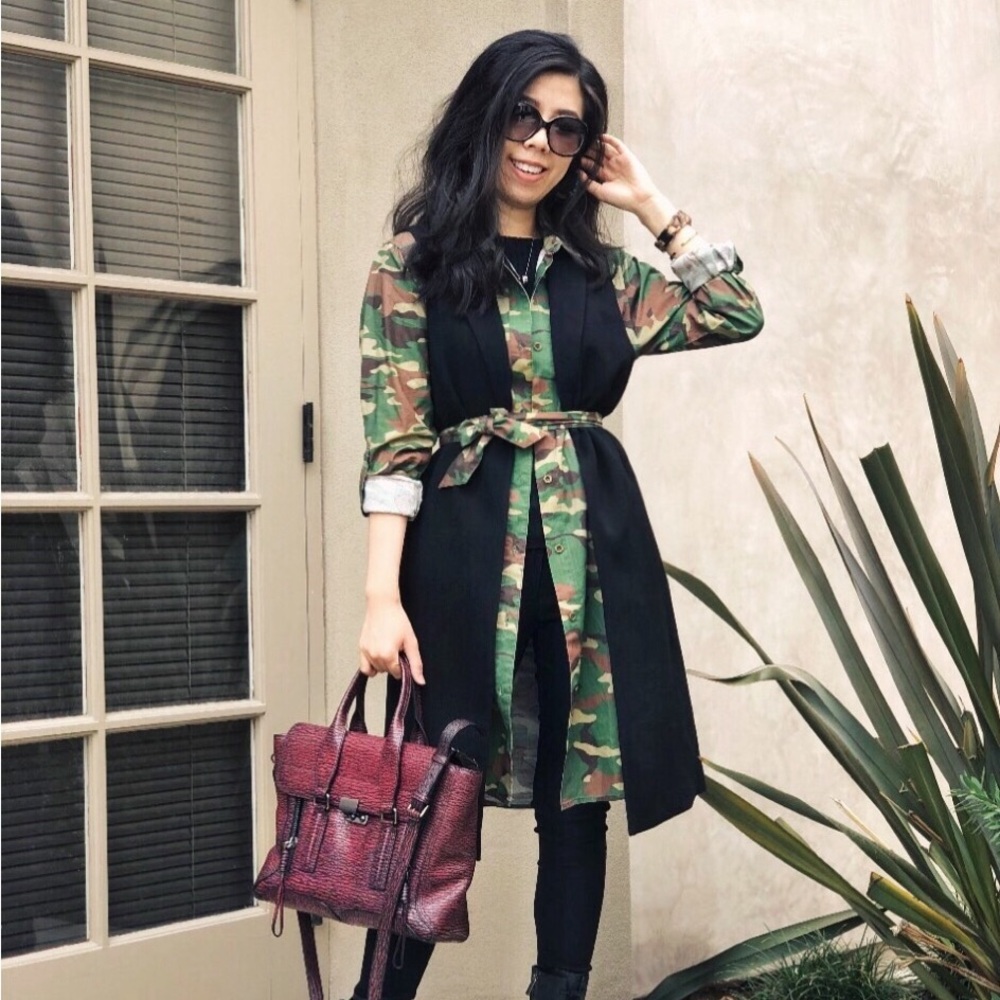 Camouflage Collar Long Sleeve Dress with Waist Tie and Pockets